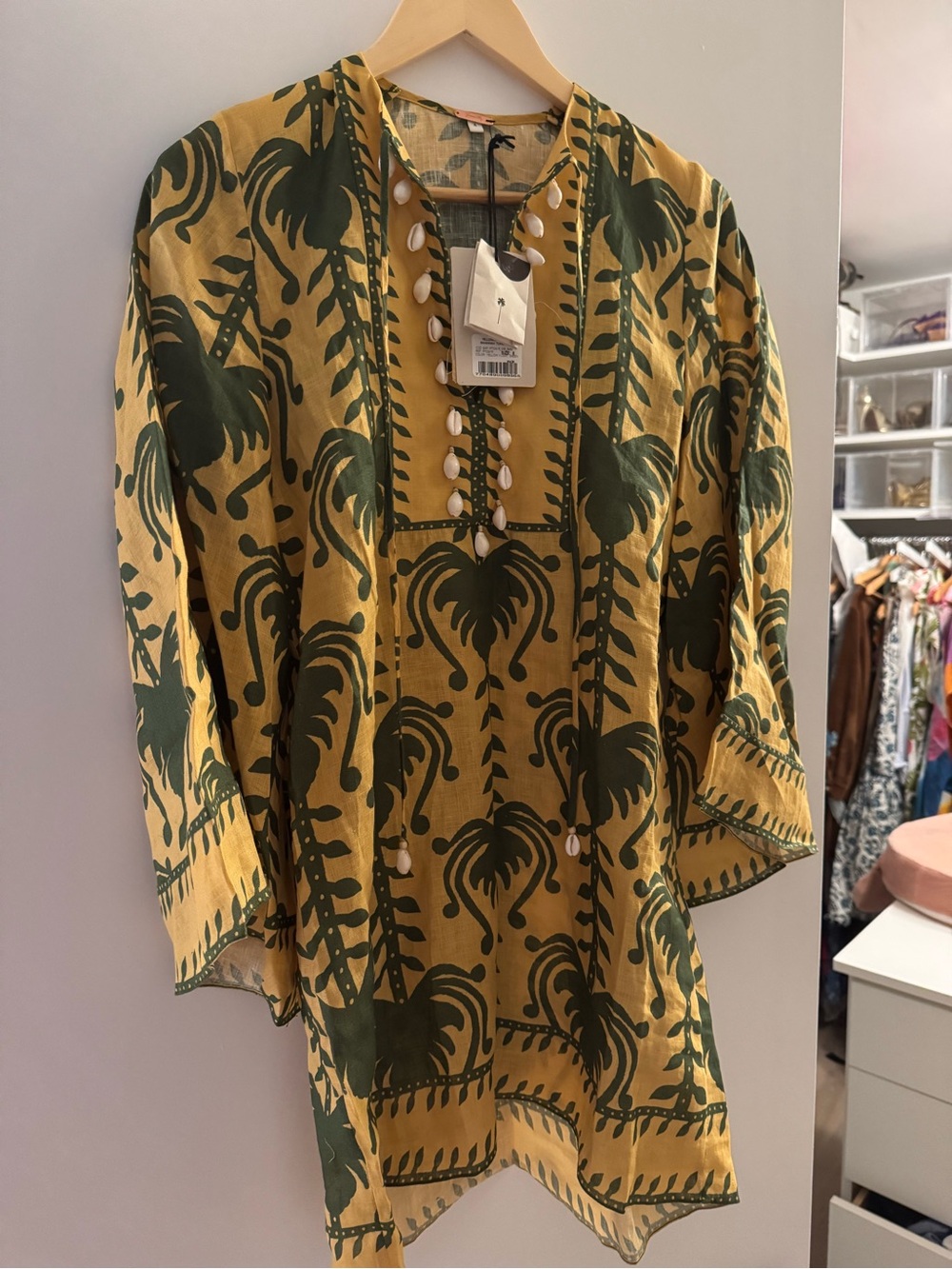 Johanna Ortiz - Women's Yellow & Green Printed Tunic Dress - Shell Button Detail - Picture 4 of 7